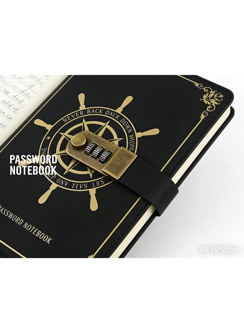 مفكرة جلدية عتيقة مقاس A5 مزودة بقفل برقم سري مكون من 3 أرقام، مفكرة فاخرة لهدايا رمضان والكتابة اليومية، أدوات مكتبية إبداعية (أسود) - Image 3